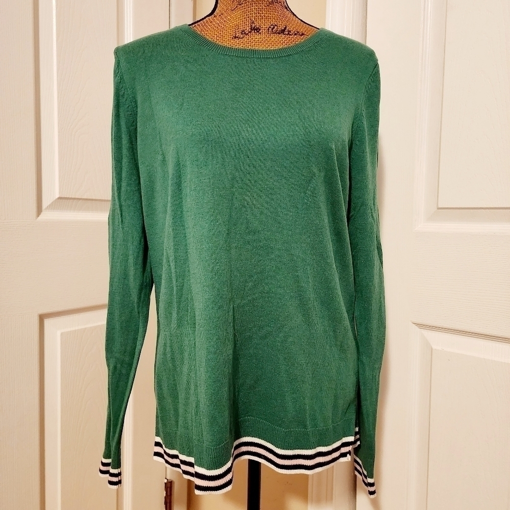 Old Navy Green Crewneck Sweater Varsity Striped Hems Women's Large L Spring EUC